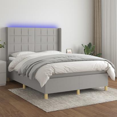 Pat cu arcuri, saltea și LED, gri deschis, 140x200 cm, textil GartenMobel Dekor