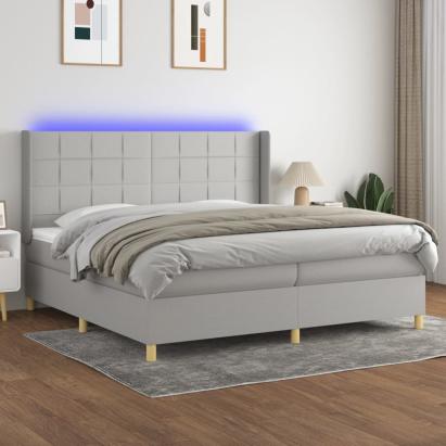 Pat cu arcuri, saltea și LED, gri deschis, 200x200 cm, textil GartenMobel Dekor