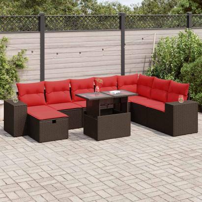 Set mobilier grădină perne 9 piese negru poliratan/lemn acacia GartenMobel Dekor