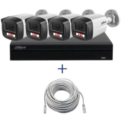 Kit supraveghere Dahua 4 camere 4MP Microfon PoE lentila 2.8mm IR 40m Lumina Alba 30m, NVR WizSense 4 canale PoE 8MP si cablu UTP CAT5 20m SafetyGuard Surveillance