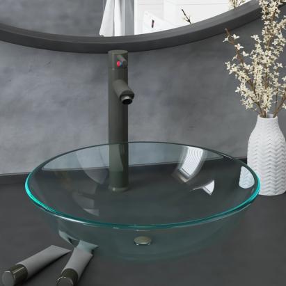 Chiuvetă baie, robinet și scurgere tip push, transparent sticlă GartenMobel Dekor