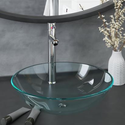 Chiuvetă baie cu robinet&scurgere cu apăsare transparent sticlă GartenMobel Dekor