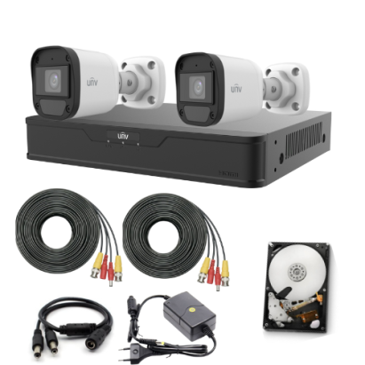 Sistem de supraveghere Uniview cu 2 camere 5MP, Audio, Infrarosu 20m, DVR Hibrid cu 4 canale 5MP, HDD, accesorii SafetyGuard Surveillance