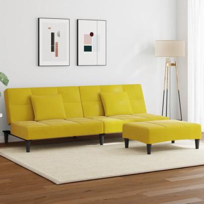 Canapea extensibilă cu taburet, 2 locuri, galben, catifea GartenMobel Dekor