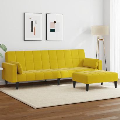 Canapea extensibilă cu taburet, 2 locuri, galben, catifea GartenMobel Dekor