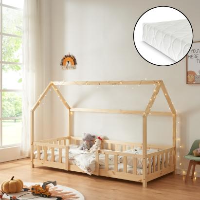 Pat copii Sisimiut NH90 cu saltea 90 x 200 cm culoarea lemnului [en.casa] HausGarden Leisure