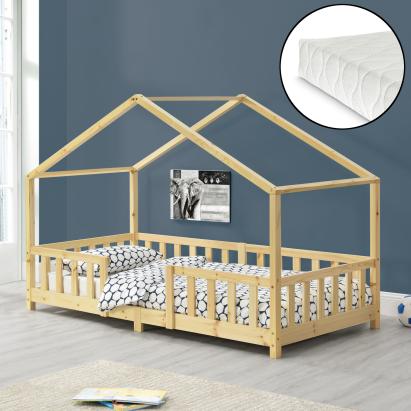 Pat copii Treviolo H90 cu saltea culoarea lemnului [en.casa] HausGarden Leisure