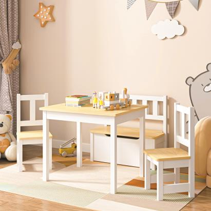 Masa cu 2 scaune si banca copii Lousame brad/MDF natur/alb [en.casa] HausGarden Leisure