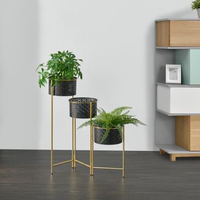 Suport plante Kieldrecht pliabil cu 3 ghivece galbenaramiu/negru [en.casa] HausGarden Leisure