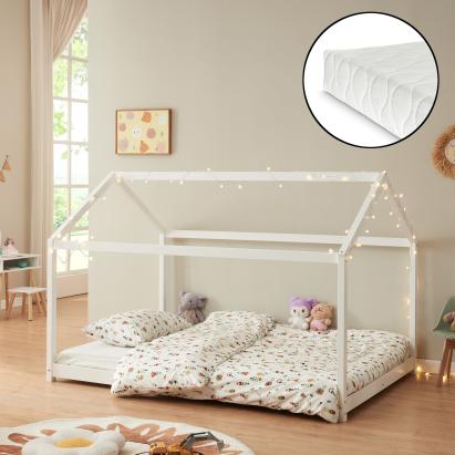 Pat copii Adina 140W cu saltea  alb mat lacuit [en.casa] HausGarden Leisure