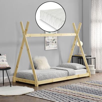Pat copii Indira cu saltea forma cort indian culoare brad natur [en.casa] HausGarden Leisure