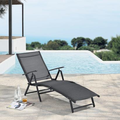 Sezlong Alborea cu spatar reglabil si cadru aluminiu negru [en.casa] HausGarden Leisure