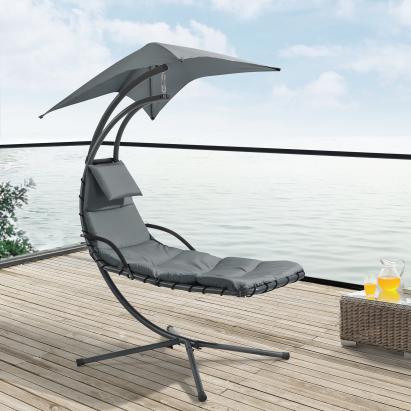 Fotoliu suspendat Hangeliege G cu parasolar si suport negru/gri [en.casa] HausGarden Leisure