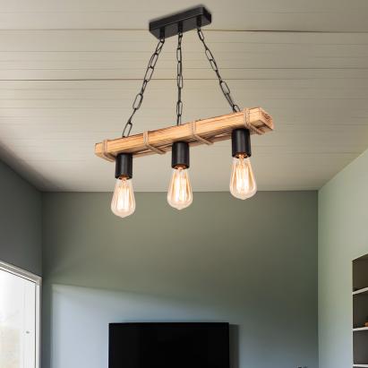 Hängeleuchte Hemel 3xE27 Metall Massivholz Juteseil Schwarz / Holzoptik / Jutefarben [lux.pro] HausGarden Leisure