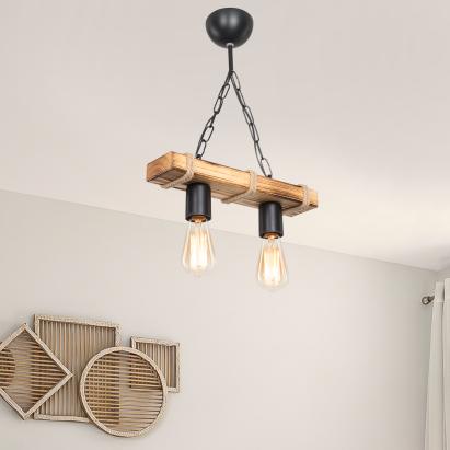 Hängeleuchte Hemel 2xE27 Metall Massivholz Juteseil Schwarz / Holzoptik / Jutefarben [lux.pro] HausGarden Leisure
