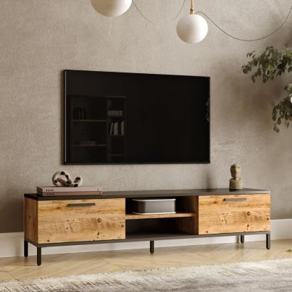 Comoda TV Lempaala 39x160x35cm cu 2 rafturi  stejar rustic antracit [en.casa] HausGarden Leisure