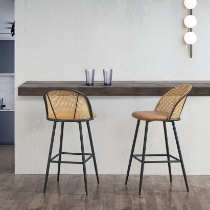 [en.casa] Set 2 bucati scaune bar, en.casa, Gausdal, 102 x 44 x 63 cm, piele sintetica, ratan, metal, cu suprafata sezut capitonata HausGarden Leisure