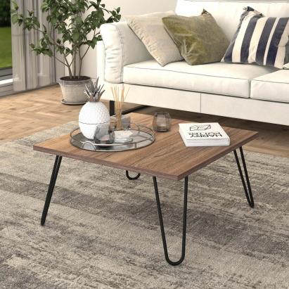 Masa de cafea, en.casa, PXTA-8388 Vindeln, 60x60x30 cm, pal metal, nuc, negru, cu picioare hairpin HausGarden Leisure
