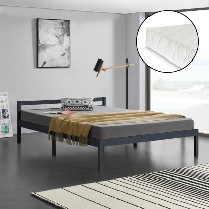 [en.casa]® Pat rama lemn Nakkila 140DG, 140 x 200 cm, lemn brad/spuma rece, dublu, 150 Kg, gri inchis mat cu saltea si gratar pat HausGarden Leisure