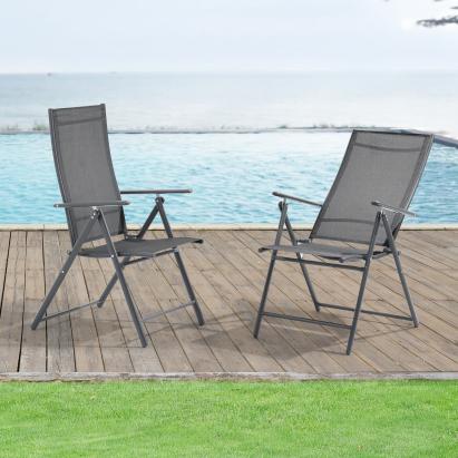 Set 2 bucati scaune gradina Kalamata DG gri inchis pliabile cu cotiere si spatar reglabil [en.casa] HausGarden Leisure