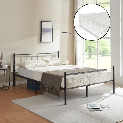 Pat metalic Viena cu saltea 140 x 200 cm negru [en.casa] HausGarden Leisure