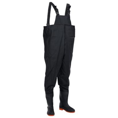 Pantaloni tip Salopeta Impermeabila pentru Pescuit si Vanatoare cu Cizme Incorporate, Negru, Marime 38