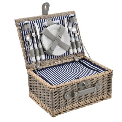[casa.pro]® Cos picnic 4 persoane,  40 x 28 x 19 cm, rachita/poliuretan-imitatie piele/textil, gri/alb HausGarden Leisure