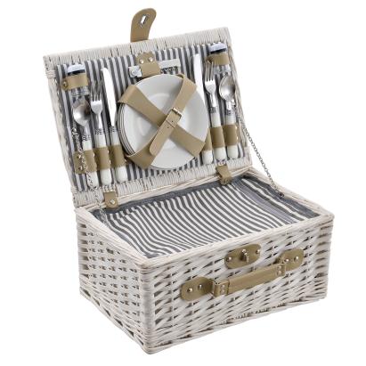 [casa.pro]® Cos picnic 4 persoane,  40 x 28 x 19 cm, rachita/poliuretan-imitatie piele/textil, alb HausGarden Leisure