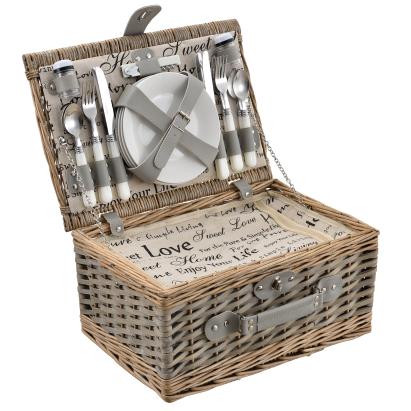 [casa.pro]® Cos picnic 4 persoane,  40 x 28 x 19 cm, rachita/poliuretan-imitatie piele/textil, gri HausGarden Leisure