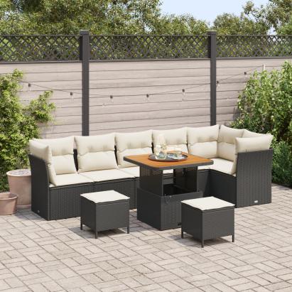 Set Sofas Grădină  9 Piese cu Perne Negru Poliratan Acacia, Set Dining Grădină  3 Piese cu Perne Negru Poliratan Acacia GartenMobel Dekor