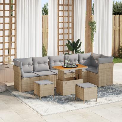 Set de sofas de grădină  9 Piese cu Perne Bej Poliratan Acacia, Set de dining de grădină  3 Piese cu Perne Bej Poliratan Acacia GartenMobel Dekor