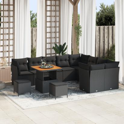 Set de canapea de grădină  cu 12 piese și perne, ratan poliester negru și acacia, Set de dining de grădină  cu 3 piese și perne, ratan poliester negru și acacia GartenMobel Dekor