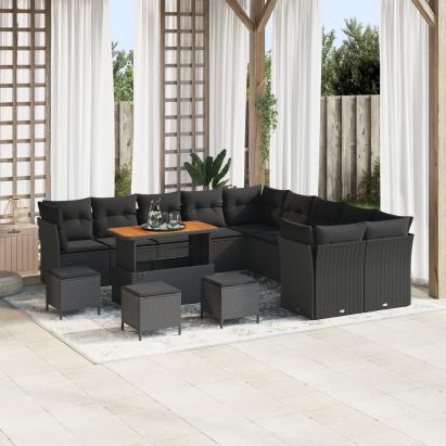 Set de Sofa pentru Grădină  de 14 Piese cu Perne Negru Poliratan Acacia, Set de Cină pentru Grădină  de 4 Piese cu Perne Negru Poliratan Acacia GartenMobel Dekor