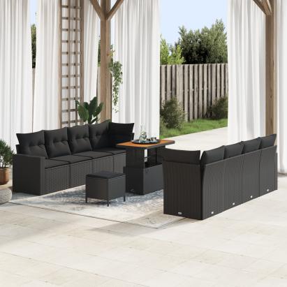 Set de Sofa pentru Grădină  cu 11 Piese cu Perne Negru Poliratan Acacia, Set de Masă pentru Grădină  cu 3 Piese cu Perne Negru Poliratan Acacia GartenMobel Dekor