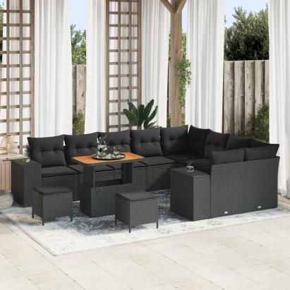 Set Canapea Grădină  cu 12 Piese cu Perne Negru Poliratan Acacia, Set de Dining Grădină  cu 3 Piese cu Perne Negru Poliratan Acacia GartenMobel Dekor