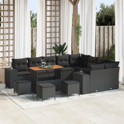 Set de Canapea Grădină  de 13 Piese cu Perne Negru Poliratan Acacia, Set de Dining pentru Grădină  de 4 Piese cu Perne Negru Poliratan Acacia GartenMobel Dekor
