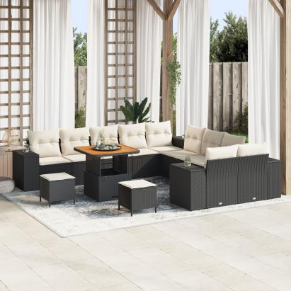 Set de sofa de grădină  cu 13 piese cu perne Black Poly Rattan Acacia, Set de dining de grădină  cu 3 piese cu perne Black Poly Rattan Acacia GartenMobel Dekor