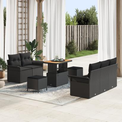 Set de sofa de grădină  8 piese cu perne Negru Poliratan Acacia, Sofa de grădină  pentru 2 persoane cu perne Negru Poliratan, Set de cină de grădină  3 piese cu perne Negru Poliratan Acacia GartenMobel Dekor