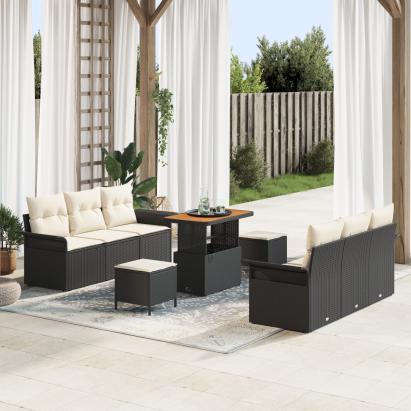 Set de Sofa pentru Grădină  9 Piese cu Perne Ratan Polimer Negru Acacia, Sofa de Grădină  cu 2 Locuri cu Perne Ratan Polimer Negru, Set de Dining Grădină  3 Piese cu Perne Ratan Polimer Negru Acacia GartenMobel Dekor