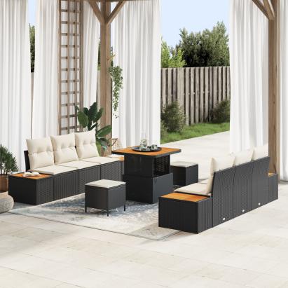 Set canapea grădină  9 piese cu perne Negru Ratan poliester Acacia, Set dining grădină  3 piese cu perne Negru Ratan poliester Acacia GartenMobel Dekor