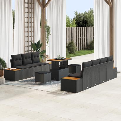 Set de canapea de grădină cu 10 piese și perne, negru, rattan polimeric, acacia,  Set de dining de grădină cu 3 piese și perne, negru, rattan polimeric, acacia GartenMobel Dekor