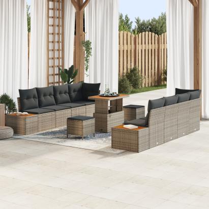 Set de 11 Piese Sofa de Grădină cu Perne Gri Polirat Acacia, Set de 3 Piese pentru Dining în Grădină cu Perne Gri Polirat Acacia GartenMobel Dekor