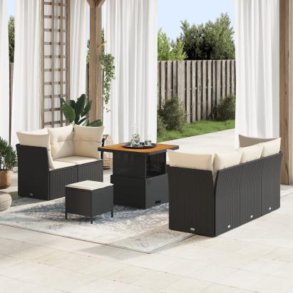 Set de 8 piese pentru canapele de grădină cu perne Ratan negru Acacia,  Set de 3 piese pentru dining de grădină cu perne Ratan negru Acacia GartenMobel Dekor