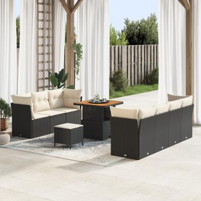 Set de sofa de grădină 10 piese cu perne Ratan Poliratan Negru Acacia, Set de dining de grădină 3 piese cu perne Ratan Poliratan Negru Acacia GartenMobel Dekor
