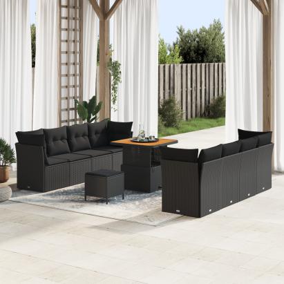 Set de canapea pentru grădină  cu 11 piese cu perne Negru Ratan Poli Acacia, Set de dining pentru grădină  cu 3 piese cu perne Negru Ratan Poli Acacia GartenMobel Dekor