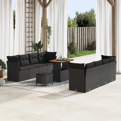 Set de canapea de grădină cu 11 piese și perne Negru Poli Ratan Acacia,  Set de dining de grădină cu 3 piese și perne Negru Poli Ratan Acacia GartenMobel Dekor