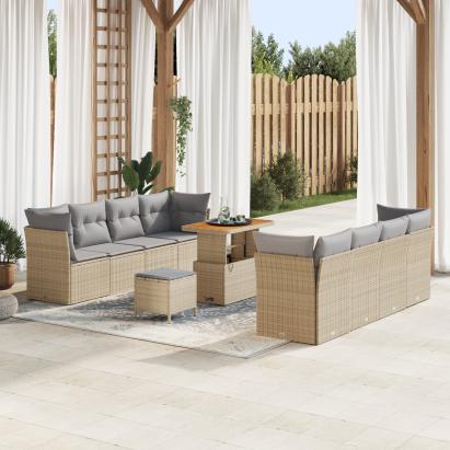 Set Canapea pentru Grădină  cu Perne Bej Ratan Polimer Acacia, Set Dining pentru Grădină  cu Perne Bej Ratan Polimer Acacia GartenMobel Dekor