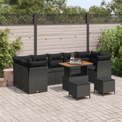 Set de sofa de grădină  cu 10 piese și perne Negru Poliratan Acacia, Set de dining pentru grădină  cu 3 piese și perne Negru Poliratan Acacia GartenMobel Dekor