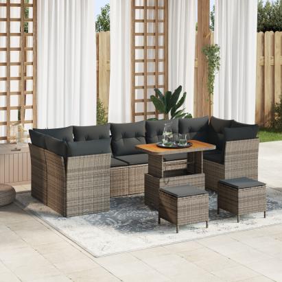 Set de Canapele pentru Grădină  cu Pernă Gri Poli Ratan Acacia, 10 piese, Set de Dining pentru Grădină  cu Pernă Gri Poli Ratan Acacia, 3 piese GartenMobel Dekor