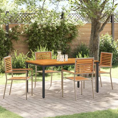 Set de dining 5 piese pentru grădină Bej Poliratan Acacia,  Scaune de grădină stivuibile cu perne - Set de 2 în Bej Poliratan,  Masă de grădină 150x90x75 cm din lemn de acacia solid și metal GartenMobel Dekor